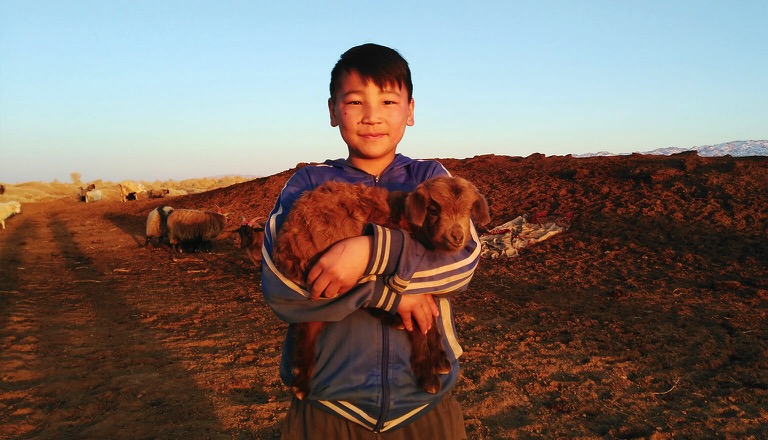 Mongolian kid with a goat
